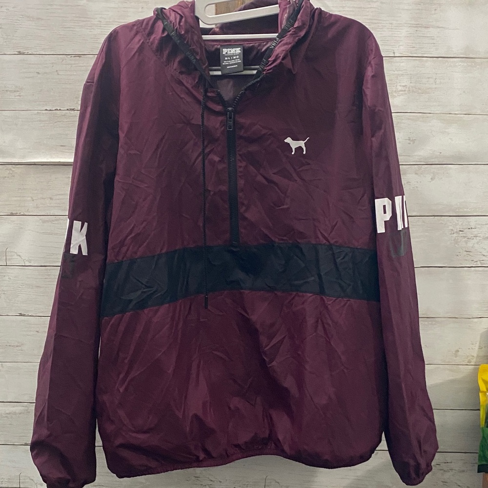 VS PINK Maroon Windbreaker 1/2 Zip Jacket with Hood & Pockets - Picture 1 of 7